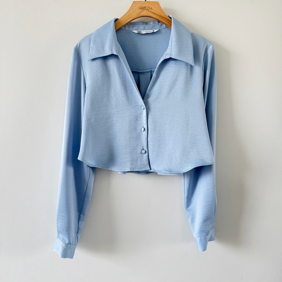 ZARA Satin Cropped Button-Front Blouse Light Blue Size M Minimal Chic - Picture 2 of 10